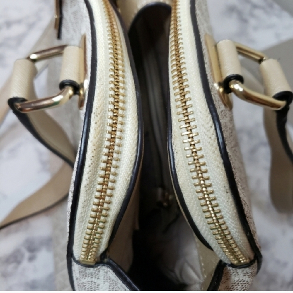 Calvin Klein Large Almond Monogram Satchel - Like New | Metallic Gold & Cream - Picture 14 of 16